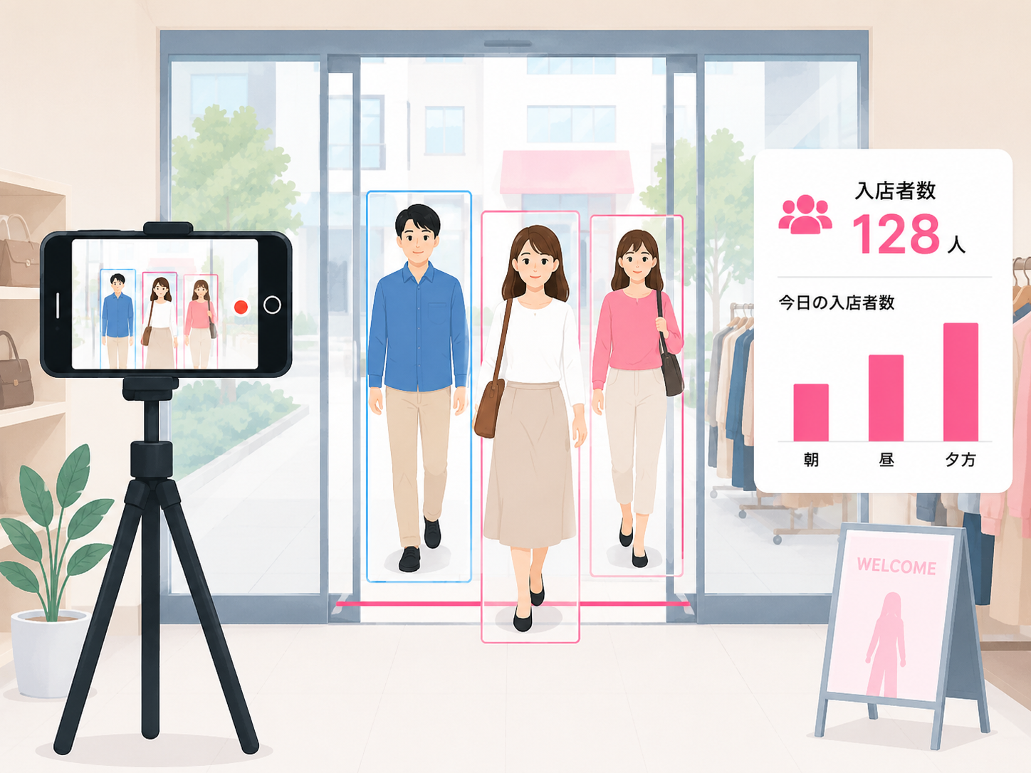 スマートフォンを活用して来店者数・来場者数を自動集計するイメージ