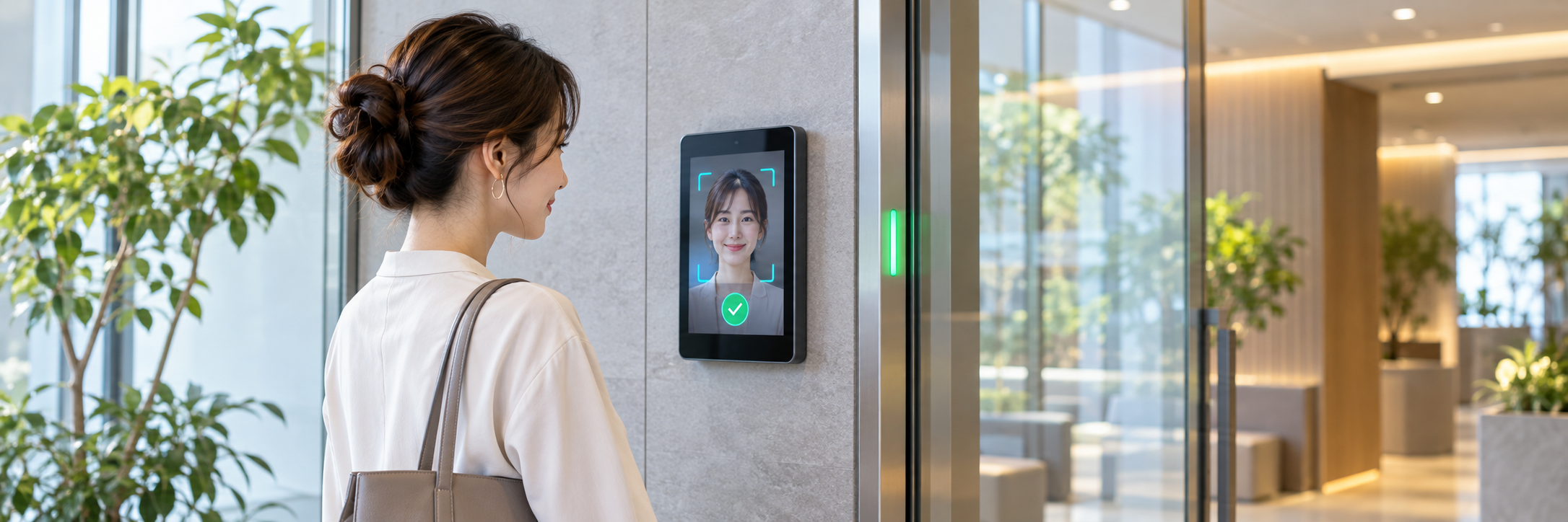 壁付けタブレットの顔認証で会員施設やオフィスへ入室する様子