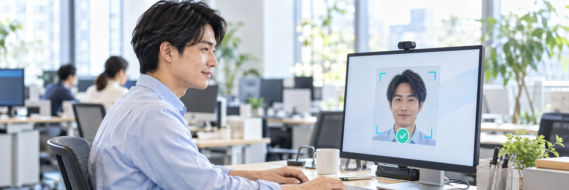 PCカメラの顔認証で勤怠打刻とログインを行う様子