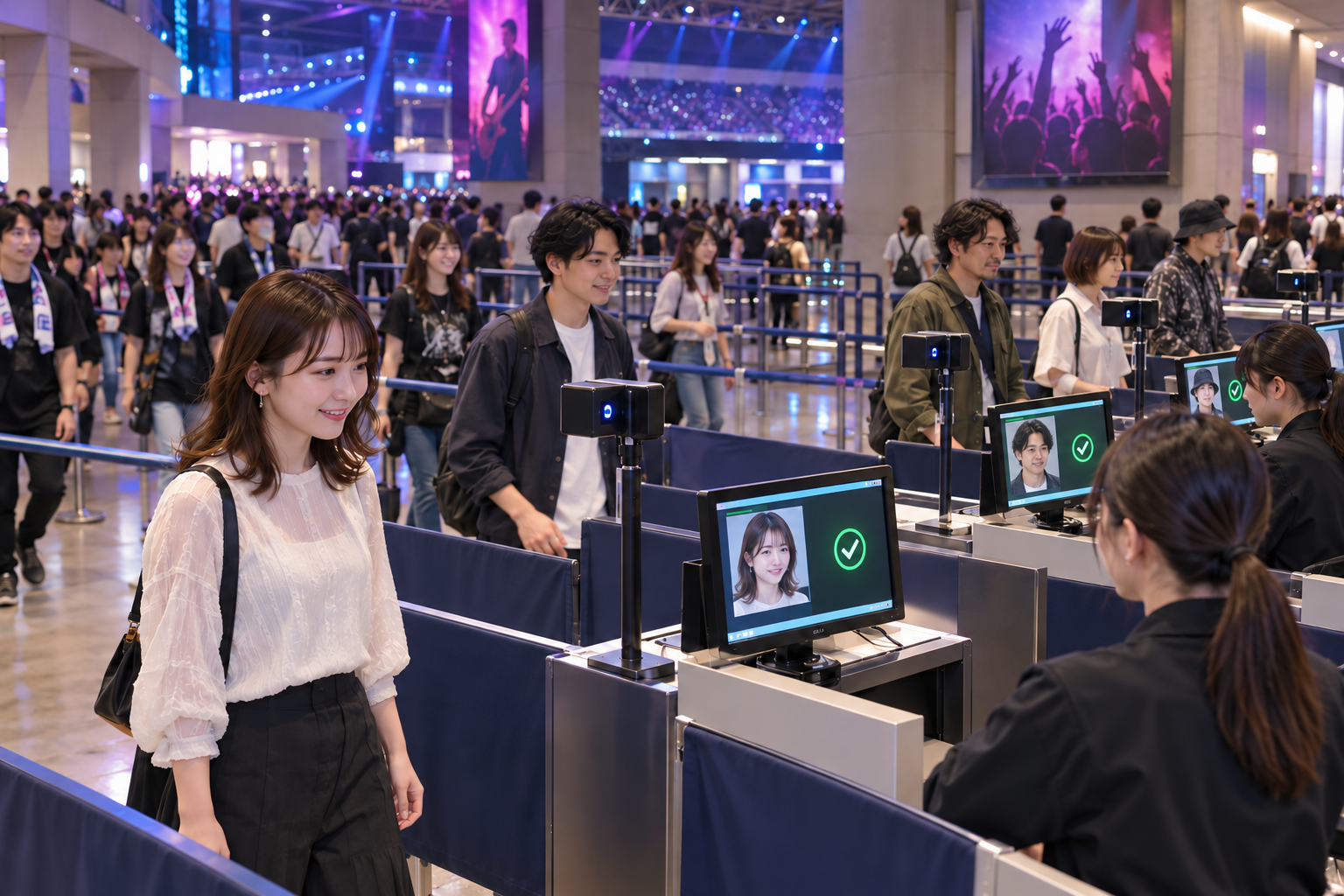 複数ゲートを使った大規模ライブイベントの顔認証入場イメージ